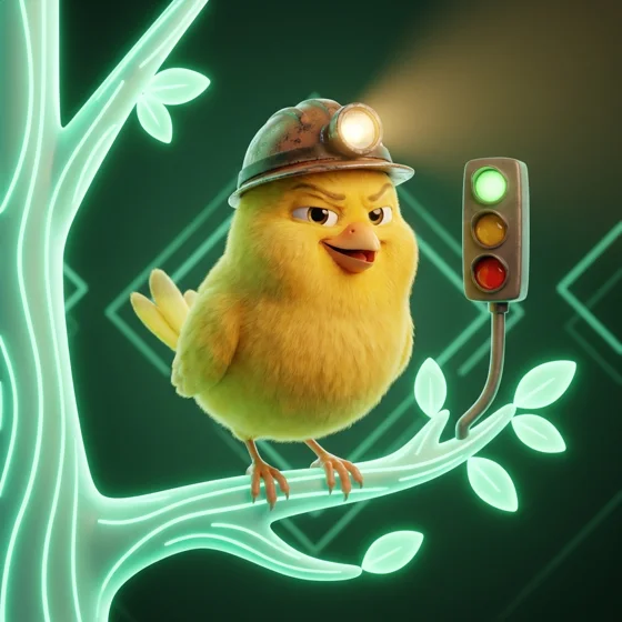 Piet, das Skillkontor-Maskottchen: ein skeptischer Kanarienvogel mit Grubenhelm