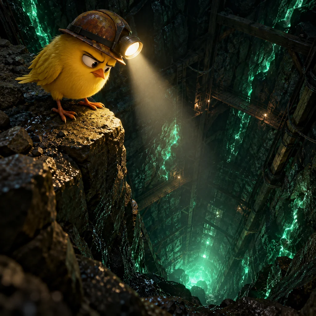 Piet, der skeptische Kanarienvogel mit Grubenlampe, leuchtet in einen tiefen Schacht
